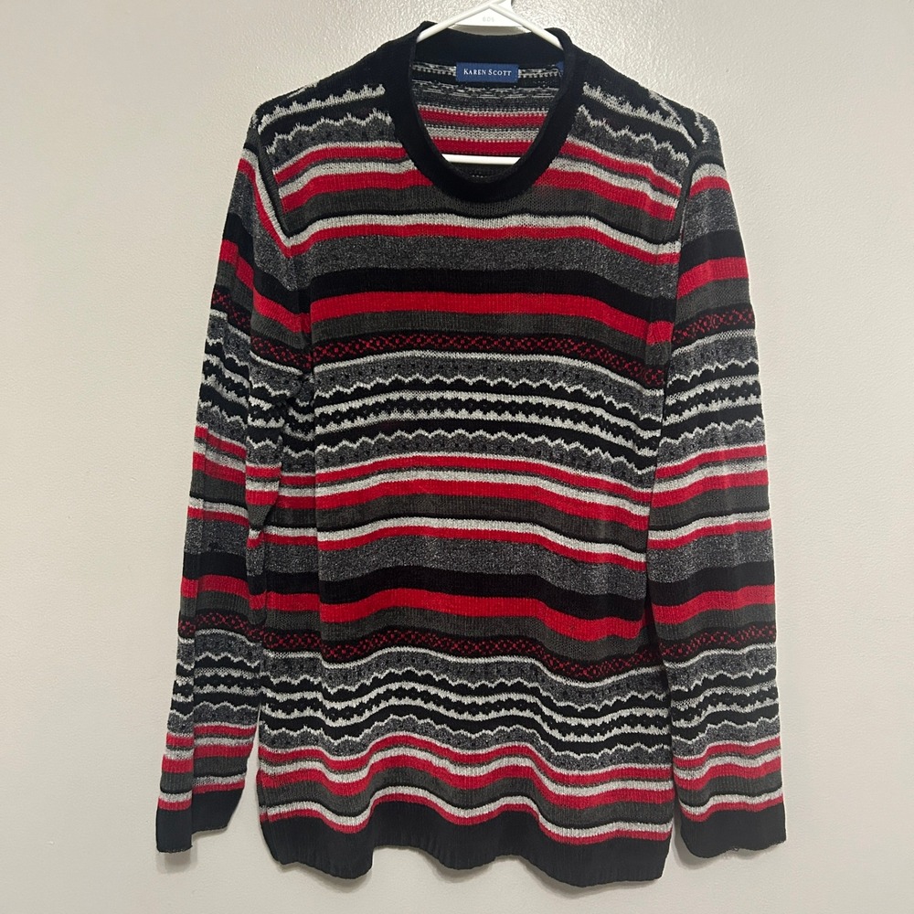 Karen Scott Sweater Women M Red Black Striped Fair Isle Nordic Preppy Pullover